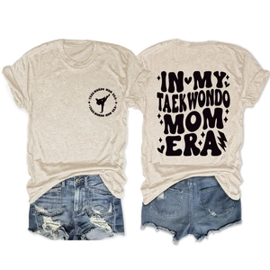 Front and back view of oatmeal crewneck T-shirt with IN MY TAEKWONDO MOM ERA print