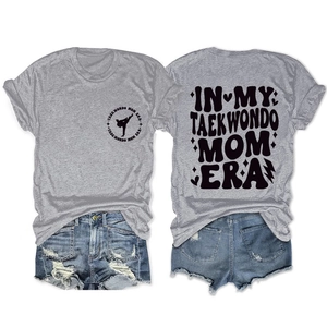 Front and back detail of grey Taekwondo T-shirt with 'IN MY TAEKWONDO MOM ERA' print