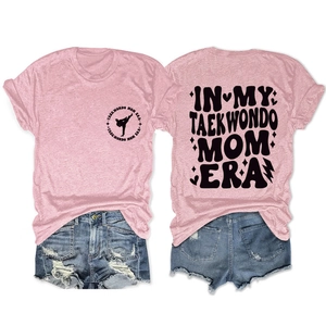 Detailed back view of pink Taekwondo Mom Era T-shirt with martial arts silhouette