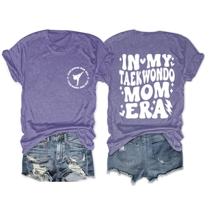 Front and back view of purple Taekwondo Mom Era graphic T-shirt with vintage print