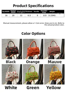 Maattabel voor de aardbeien PU tas met afmetingen 20x12x6,5cm en kleurvariaties
