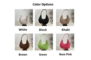 Close-up of semi-circle hobo bags shown in white, black, khaki, brown, green, and pink