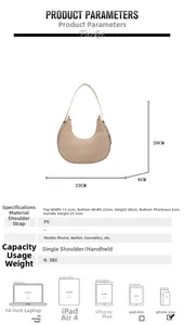 Detailed view of beige crescent bag showing dimensions 22cm width and PU leather texture
