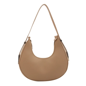 Classic khaki crescent hobo bag for women with smooth faux leather and silver metal hardware