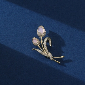 Spilla Fiore Di Tulipano Elegante Ottone Placcato Oro Con Pietre Rosa E Strass Bianchi Spille Per Donne Accessori Abbigliamento