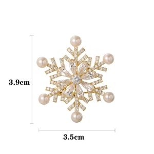 Golden snowflake brooch with central cubic zirconia and six elegant pearls, 3.9cm size