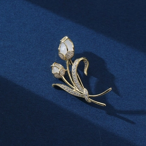 Elegante Spilla a Forma di Fiore di Tulipano Oro per Donna in Lega Con Pietra Occhio di Gatto Sintetica e Strass Accessorio Moda per Abiti Sciarpe