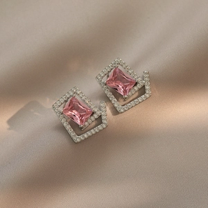 Elegant Pink Zircon Geometric Square Stud Earrings With 925 Sterling Silver Earring Post For Women Fashion Jewelry