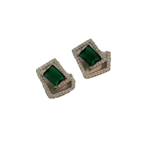Vintage rectangular emerald-cut green stone stud earrings with a zircon-encrusted halo