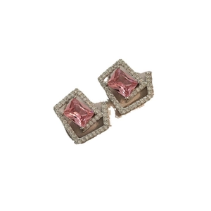Elegant geometric pink zircon stud earrings with crystal halo and S925 silver needles