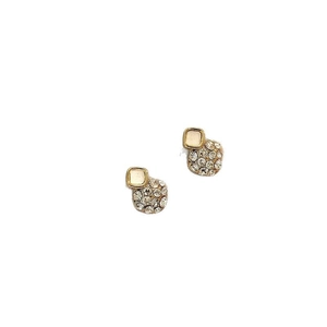 Golden square stud earrings with pave-set rhinestones on a clean white background