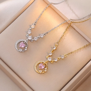 Collier Pendentif Lune Étoile Élégant Pour Femme En Acier Titane Avec Zircon Coeur Rose Bijoux De Mode Luxe Léger