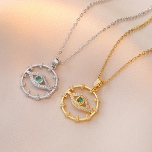Evil Eye Pendant Necklace For Women Titanium Steel Bohemian Zircon Inlaid Round Green Stone Charm Fashion Jewelry Gift