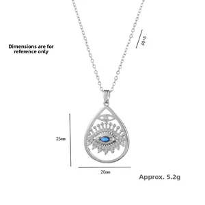 Silver Evil Eye teardrop necklace with blue stone and zircons, dimensions 25mm x 20mm