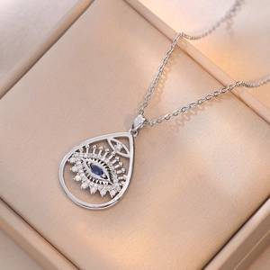 Silver titanium steel necklace with blue devil eye pendant on champagne silk gift box