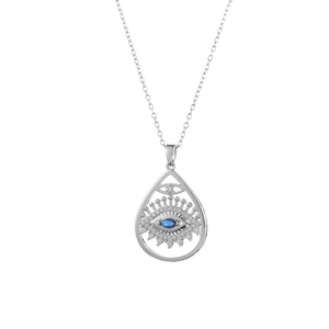 Silver titanium Evil Eye necklace with teardrop blue crystal and sparkling zircons