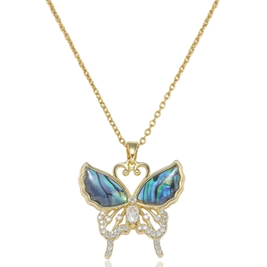 Elegant gold butterfly necklace with abalone shell wings and sparkling zircon crystals