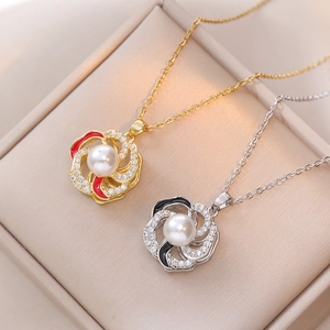 Rotating Flower Pendant Necklace Stainless Steel With Artificial Pearl And Zircon Rhinestone Enamel Floral Jewelry For Women