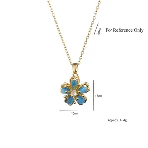 Blue flower pendant necklace with opal petals and zircon center on a gold-plated chain