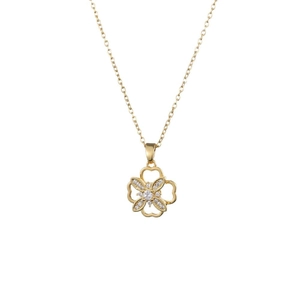 Elegant rotating four-leaf clover pendant necklace in gold finish with zircon inlay