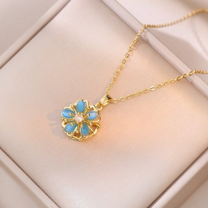 Rotating Flower Pendant Necklace Titanium Steel Colorful Cat Eye Stone Zircon Inlaid Fashion Luxury Accessory For Women