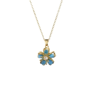 Titanium steel necklace with blue flower pendant and zircon center on a thin gold chain