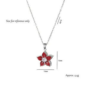 Red zircon flower pendant necklace in titanium steel showing size 40+5cm and 16mm details