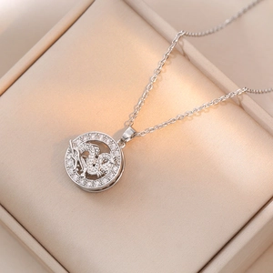 Collier Dragon Du Zodiaque Chaîne En Acier Titane Cuivre Micro Serti Zircon Pendentif Rond Bijoux De Mode Femme Cadeau