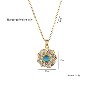 Gold flower rotating zircon necklace with blue center stone and 40+5cm steel chain