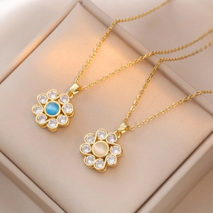 Rotating Flower Pendant Necklace Titanium Steel With Zircon And Cat Eye Stone Chic Jewelry For Women Double Layer Chain