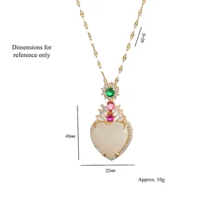 Elegant gold necklace with emerald-style heart pendant and multicolored gemstones