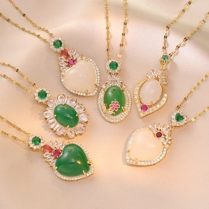 Heart Emerald Pendant Necklace Stainless Steel Zircon Waterdrop Vintage Luxury Elegant Jewelry For Women