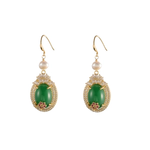 Elegant gold hook earrings with emerald green stone, pearl, and ruby flower detail