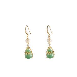 Boucles d'oreilles vintage en or avec perles naturelles et pendentifs gourde verte