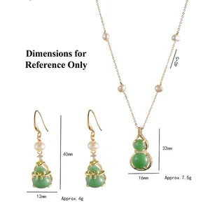 Parure collier et boucles d'oreilles gourde verte avec perles d'eau douce naturelles