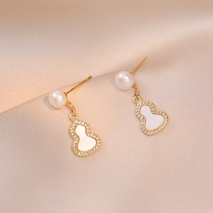 Chic Gourd Drop Earrings With Freshwater Pearl Mother Of Pearl Rhinestone Copper 925 Sterling Silver Earring Post Women