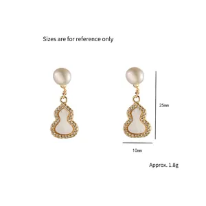 S925 silver gourd drop earrings with freshwater pearls and pavé shell pendants
