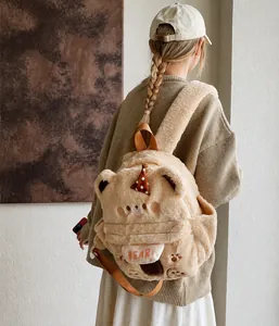 Rear view of model wearing the cute plush cartoon bear backpack with a brown polka dot hat
