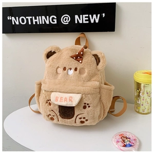 Detailansicht eines Plüschbären-Rucksacks mit Stickerei und seitlichen Staufächern