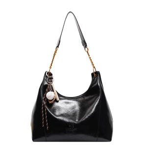 Large black patent leather Hobo bag with gold chain strap and baseball charms