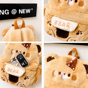 Detail view of plush bear backpack featuring embroidery, zipper pouch and interior capacity