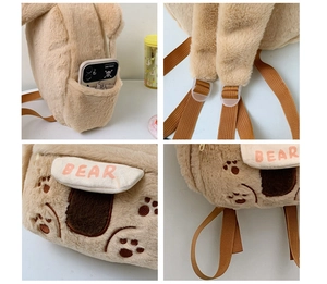 Detailansicht des Plüschbären-Rucksacks mit Stickerei, Seitentasche und verstellbaren Gurten