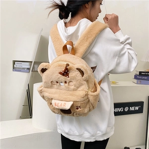 Süßer Plüschbär-Rucksack in Khaki mit gepunktetem Hut und großem Fassungsvermögen
