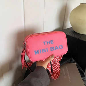 Women Mini Crossbody Bag PU Leather Lychee Pattern Letter Print Wide Jacquard Strap Fashion Streetwear Small Square Purse