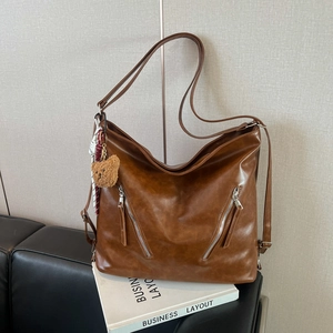 Sac Fourre-tout Vintage Grande Capacité en Cuir PU pour Femmes Sac à Épaule Mode de Rue Avec Fermeture Éclair Métallique pour le Bureau
