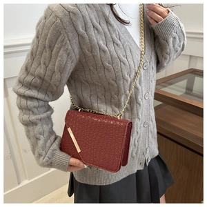 Detail of wine red crossbody bag with woven texture and gold chain worn by a model