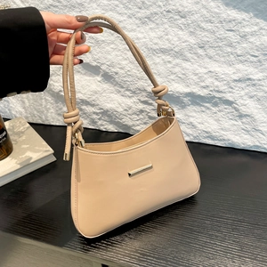 Women Minimalist Underarm Bag PU Leather Shoulder Bag With Knot Strap And Golden Metal Bar French Vintage Versatile