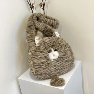 Cute Plush Cat Shaped Crossbody Bag Soft Faux Fur Shoulder Bag With 3D Ears And Tail Animal Pattern For Women Girls