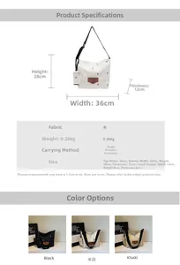 Detailed size guide and specifications for printed canvas tote bags in three colors