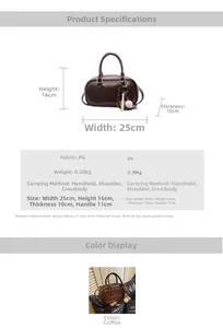 Vue détaillée du sac Boston en cuir PU café montrant les dimensions 25x16x10cm et décor